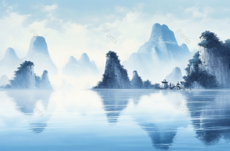 中式蓝色水墨风格山水画云雾山峰树木和水面泛起的涟漪倒影,插画/手绘图,插画/手绘图库,插画/手绘图下载,插画/手绘